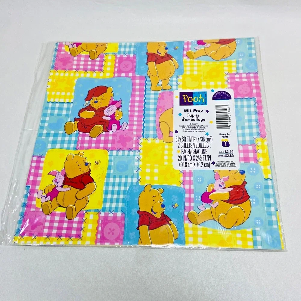 VTG 90s Disney Hallmark Winnie The Pooh‎ Gift Wrap Wrapping Pooh & Piglet Plaid